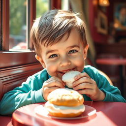 A young boy enjoying a cream puff, sitting at a charming café table