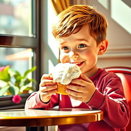A young boy enjoying a cream puff, sitting at a charming café table