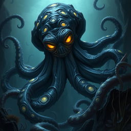 A massive humanoid-sized octopus with an evil and sinister demeanor, depicted in a rich fantasy setting