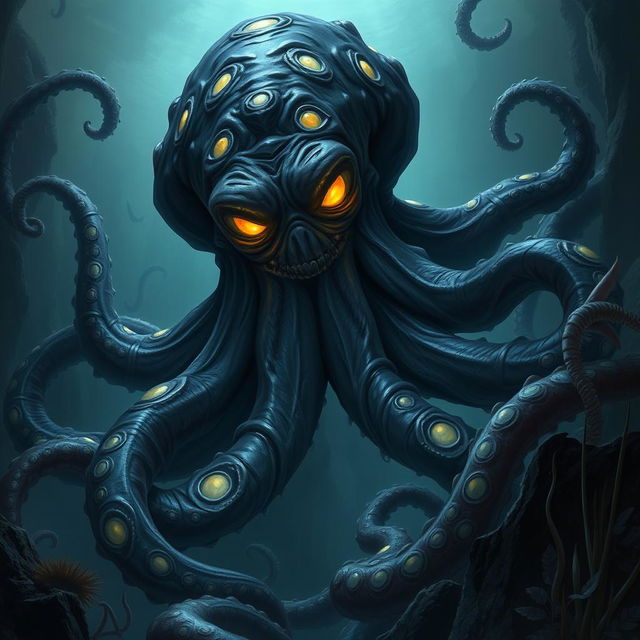 A massive humanoid-sized octopus with an evil and sinister demeanor, depicted in a rich fantasy setting