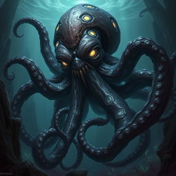A massive humanoid-sized octopus with an evil and sinister demeanor, depicted in a rich fantasy setting