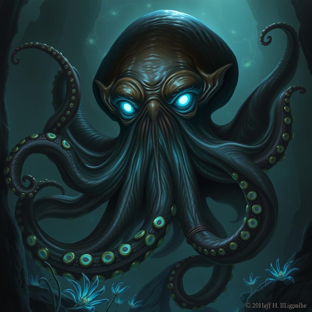 A massive humanoid-sized octopus with an evil and sinister demeanor, depicted in a rich fantasy setting