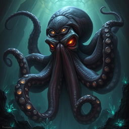 A massive humanoid-sized octopus with an evil and sinister demeanor, depicted in a rich fantasy setting