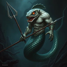 An imposing male mermaid with a grotesquely mutated fish head, characterized by sharp features and bright, predatory eyes that exude an aura of evil and menace