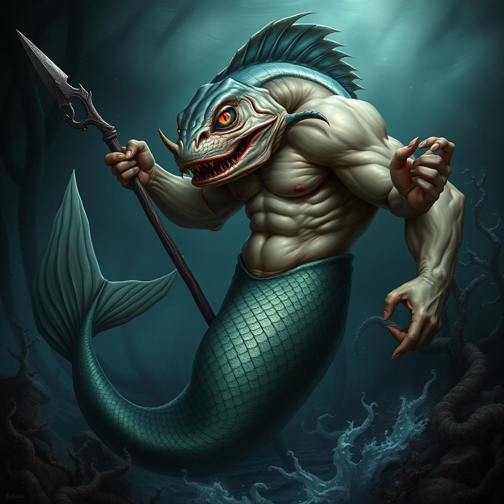 An imposing male mermaid with a grotesquely mutated fish head, characterized by sharp features and bright, predatory eyes that exude an aura of evil and menace