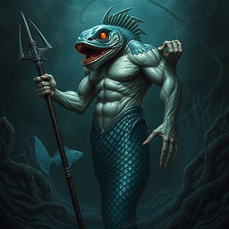 An imposing male mermaid with a grotesquely mutated fish head, characterized by sharp features and bright, predatory eyes that exude an aura of evil and menace