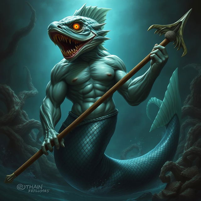 An imposing male mermaid with a grotesquely mutated fish head, characterized by sharp features and bright, predatory eyes that exude an aura of evil and menace