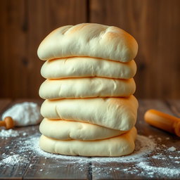 A stack of thick, fluffy cream-colored bread rolls resembling books, with soft, pillowy textures and rounded shapes, arranged neatly on a textured wooden table