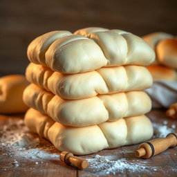A stack of thick, fluffy cream-colored bread rolls resembling books, with soft, pillowy textures and rounded shapes, arranged neatly on a textured wooden table