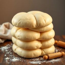 A stack of thick, fluffy cream-colored bread rolls resembling books, with soft, pillowy textures and rounded shapes, arranged neatly on a textured wooden table