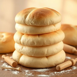 A stack of thick, fluffy cream-colored bread rolls resembling books, with soft, pillowy textures and rounded shapes, arranged neatly on a textured wooden table