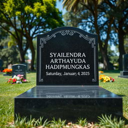 A realistic gravestone featuring the name 'Syailendra Arthayuda Hadipmungkas' and the date of death 'Saturday, January 4, 2025'
