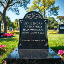 A realistic gravestone featuring the name 'Syailendra Arthayuda Hadipmungkas' and the date of death 'Saturday, January 4, 2025'