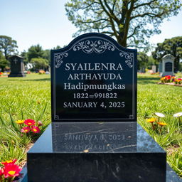 A realistic gravestone featuring the name 'Syailendra Arthayuda Hadipmungkas' and the date of death 'Saturday, January 4, 2025'