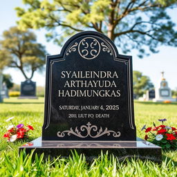 A realistic gravestone featuring the name 'Syailendra Arthayuda Hadipmungkas' and the date of death 'Saturday, January 4, 2025'