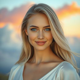 A close-up portrait of a beautiful woman with fair skin, striking blue eyes, and flowing long blonde hair
