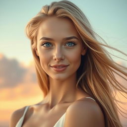 A close-up portrait of a beautiful woman with fair skin, striking blue eyes, and flowing long blonde hair