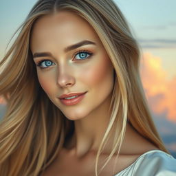 A close-up portrait of a beautiful woman with fair skin, striking blue eyes, and flowing long blonde hair