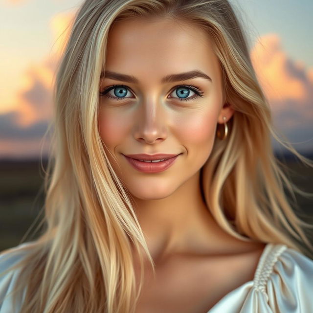 A close-up portrait of a beautiful woman with fair skin, striking blue eyes, and flowing long blonde hair