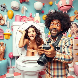 A surreal and humorous scene depicting an attractive woman emerging from a comically oversized toilet, striking a playful pose