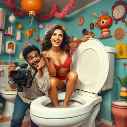 A surreal and humorous scene depicting an attractive woman emerging from a comically oversized toilet, striking a playful pose
