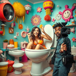 A surreal and humorous scene depicting an attractive woman emerging from a comically oversized toilet, striking a playful pose