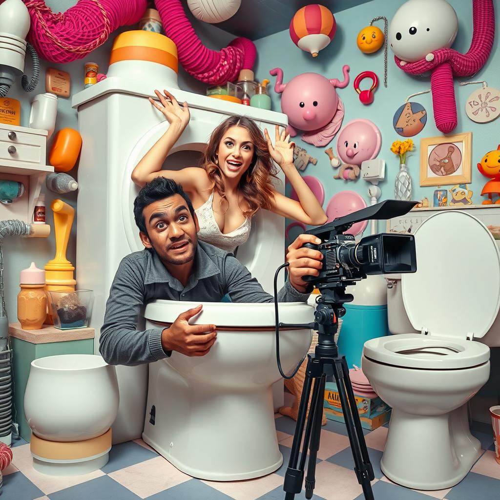 A surreal and humorous scene depicting an attractive woman emerging from a comically oversized toilet, striking a playful pose