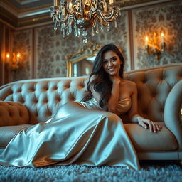 A gorgeous woman reclining on a luxurious couch in an opulent room, surrounded by rich textures and warm lighting
