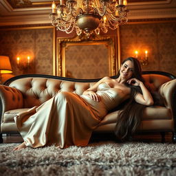 A gorgeous woman reclining on a luxurious couch in an opulent room, surrounded by rich textures and warm lighting