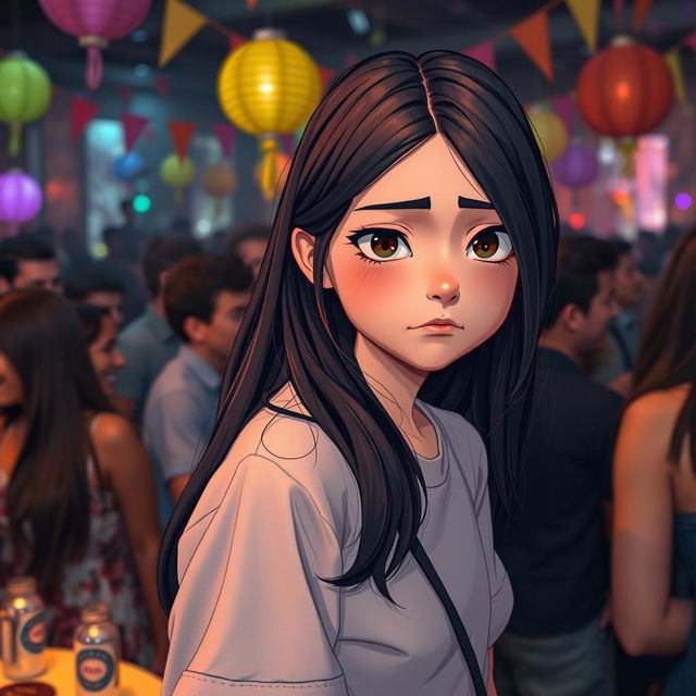 A scene featuring a girl showing clear discomfort on her face, set in a crowded party atmosphere