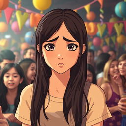 A scene featuring a girl showing clear discomfort on her face, set in a crowded party atmosphere