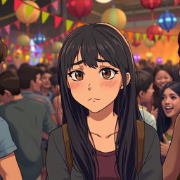 A scene featuring a girl showing clear discomfort on her face, set in a crowded party atmosphere