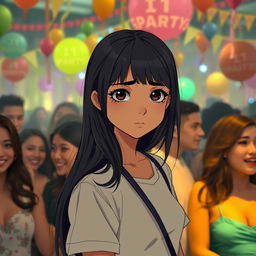 A scene featuring a girl showing clear discomfort on her face, set in a crowded party atmosphere