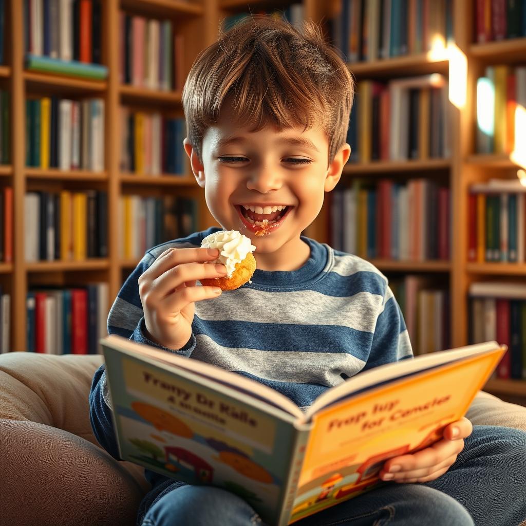 A young boy joyfully eating a cream puff while reading a colorful book