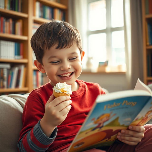 A young boy joyfully eating a cream puff while reading a colorful book