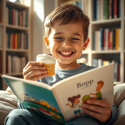 A young boy joyfully eating a cream puff while reading a colorful book