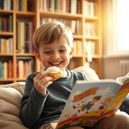 A young boy joyfully eating a cream puff while reading a colorful book