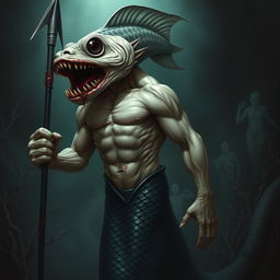 An intimidating male mermaid with a grotesquely mutated fish head, featuring exaggerated fangs and bulging, bloodshot eyes that convey a sense of evil