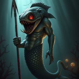 An intimidating male mermaid with a grotesquely mutated fish head, featuring exaggerated fangs and bulging, bloodshot eyes that convey a sense of evil