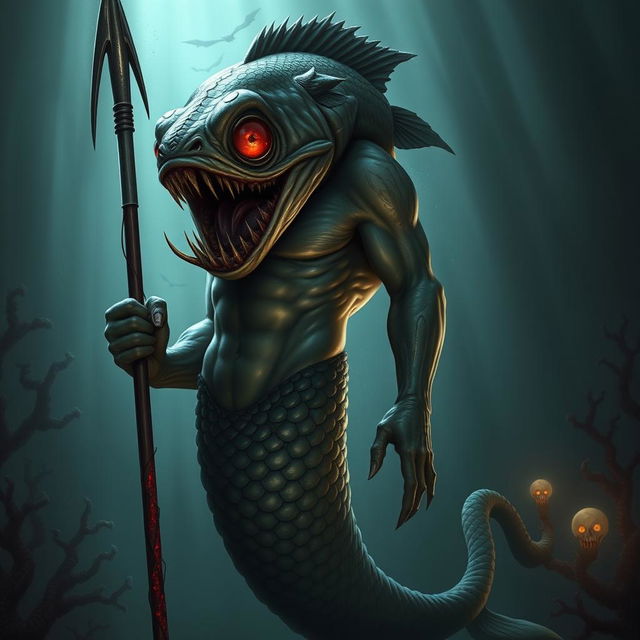 An intimidating male mermaid with a grotesquely mutated fish head, featuring exaggerated fangs and bulging, bloodshot eyes that convey a sense of evil