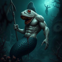 An intimidating male mermaid with a grotesquely mutated fish head, featuring exaggerated fangs and bulging, bloodshot eyes that convey a sense of evil