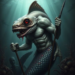 An intimidating male mermaid with a grotesquely mutated fish head, featuring exaggerated fangs and bulging, bloodshot eyes that convey a sense of evil