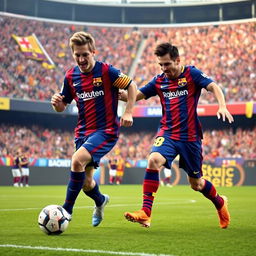 A dynamic scene featuring Erling Haaland and Lionel Messi playing together on the field in a stadium, both wearing iconic Barcelona kits