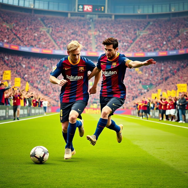 A dynamic scene featuring Erling Haaland and Lionel Messi playing together on the field in a stadium, both wearing iconic Barcelona kits