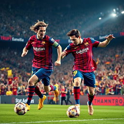 A dynamic scene featuring Erling Haaland and Lionel Messi playing together on the field in a stadium, both wearing iconic Barcelona kits