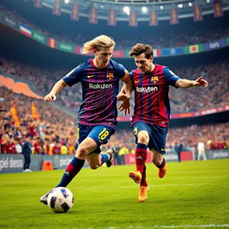 A dynamic scene featuring Erling Haaland and Lionel Messi playing together on the field in a stadium, both wearing iconic Barcelona kits