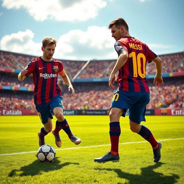 A vibrant and dynamic scene depicting two professional soccer players, Erling Haaland and Lionel Messi, both wearing the iconic FC Barcelona kits, playing soccer together on a sunlit stadium field