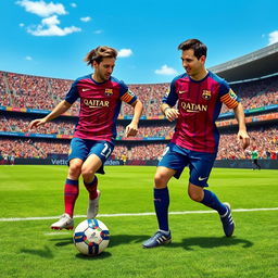 A vibrant and dynamic scene depicting two professional soccer players, Erling Haaland and Lionel Messi, both wearing the iconic FC Barcelona kits, playing soccer together on a sunlit stadium field
