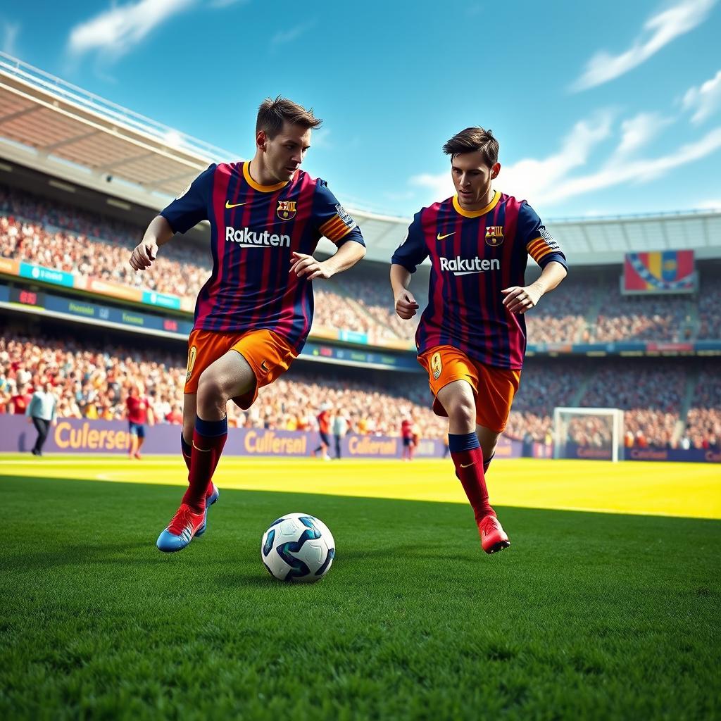 A vibrant and dynamic scene depicting two professional soccer players, Erling Haaland and Lionel Messi, both wearing the iconic FC Barcelona kits, playing soccer together on a sunlit stadium field