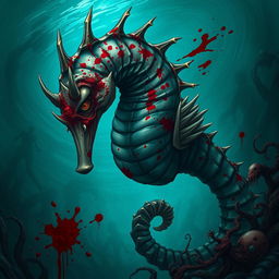 A fantastical depiction of an enormous seahorse with an evil expression, its body covered in grotesque, bloodied scars and vivid splashes of red